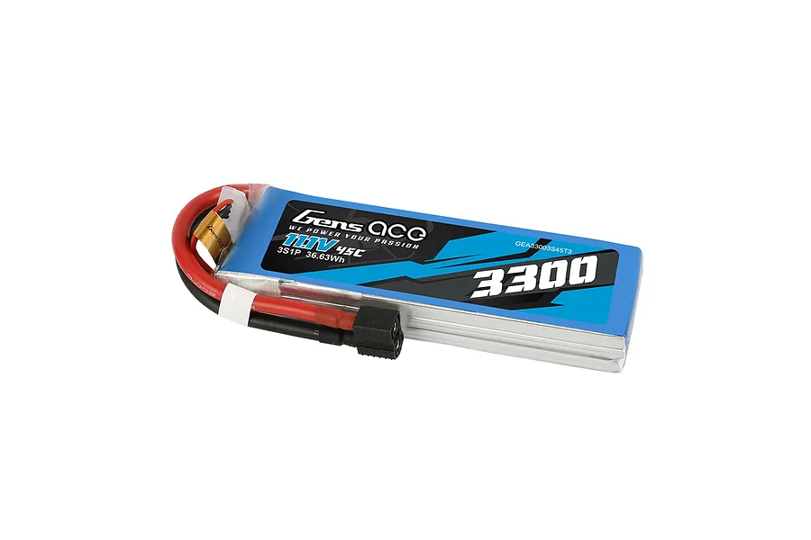 A Gens Ace 11.1V 3300mAh 45C soft case LiPo battery with a Deans-style connector against a white background.
