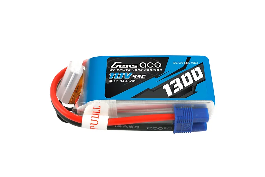 Gens Ace 11.1V 1300mAh 45C soft case LiPo battery with EC3 connector and balance plug.