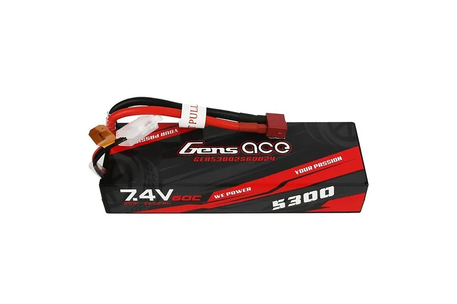 Gens Ace 7.4V 5300mAh 60C hard case LiPo battery with Deans connector and balance lead against a white background.
