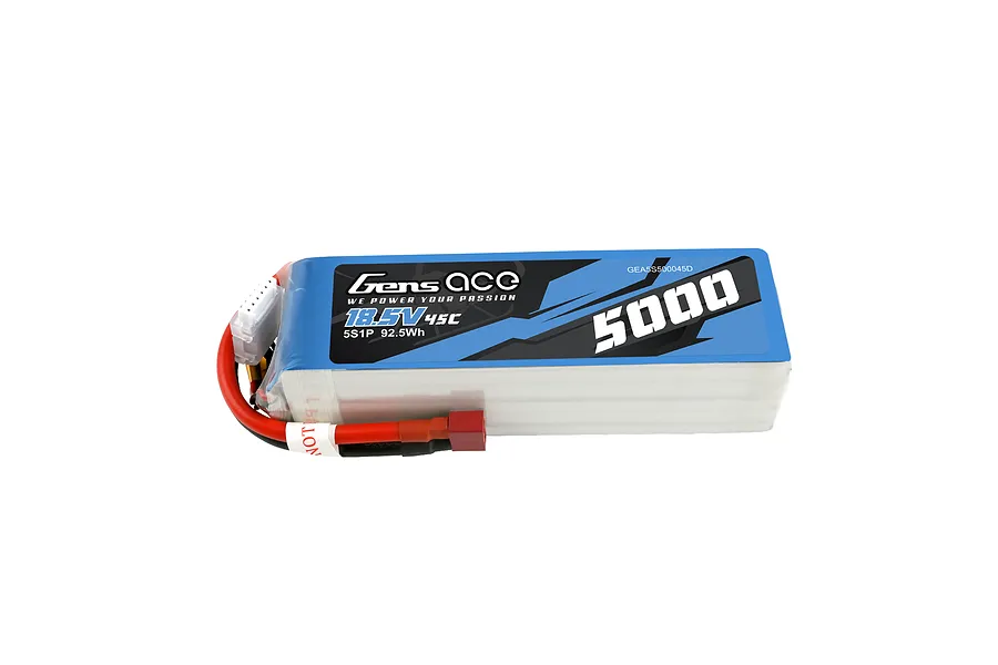 Gens Ace 18.5V 5000mAh 45C LiPo battery in a blue soft case with red and black power wires and a white balance plug.