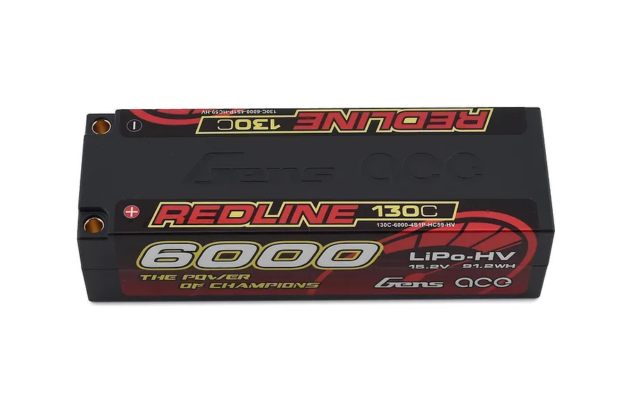 Gens Ace Redline 15.2V 6000mAh 130C HV hard case LiPo battery pack viewed from the side.