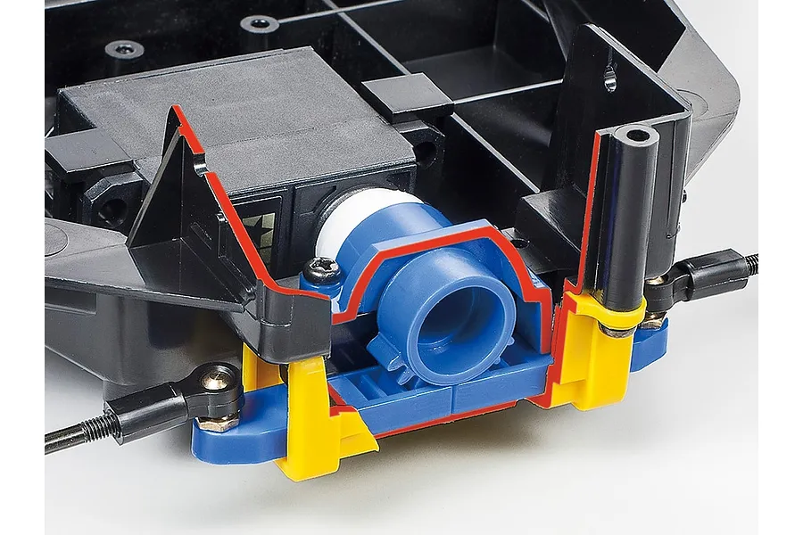 Close-up of the Tamiya Bigwig RC buggy chassis assembly showing the front steering and suspension components.