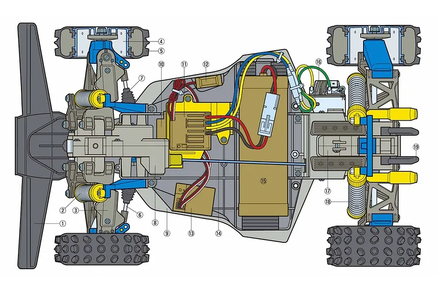 A top-down technical diagram of the Tamiya Bigwig RC buggy chassis, showing internal components labeled with numbers for assembly reference.