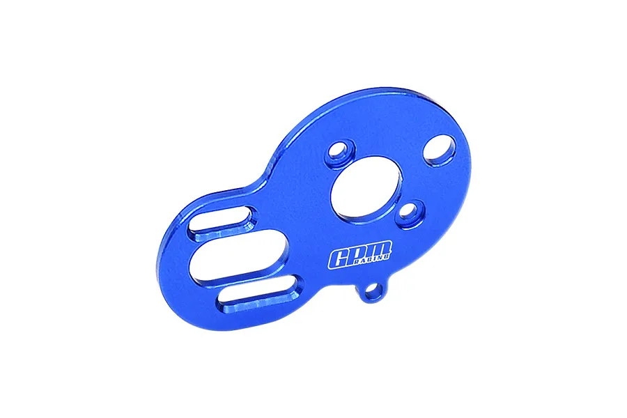 A blue anodized aluminium motor plate for RC cars by GPM Racing, featuring multiple mounting holes and slots.
