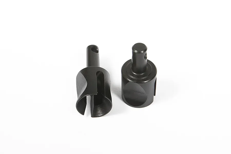 Two black metal RC differential outdrive cups on a white background.