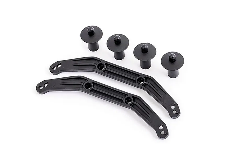 Two black plastic body mount braces and four black body posts for Traxxas RC vehicles on a white background.