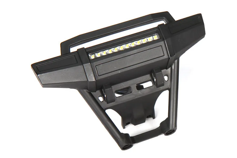 A black Traxxas front bumper for an RC vehicle featuring an integrated LED light bar across the center.