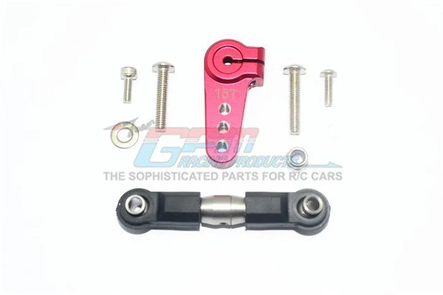 A red GPM Racing 15T aluminium servo horn, a black and silver adjustable tie rod, and various mounting screws and hardware on a white background.