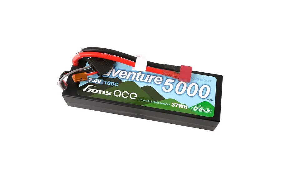Gens Ace G-Tech Adventure 7.4V 5000mAh 100C hard case LiPo battery with red and black wires and a T-style connector.