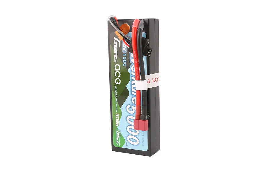 Gens Ace G-Tech Adventure 7.4V 5000mAh 100C hard case LiPo battery with red and black wires and a T-style connector.