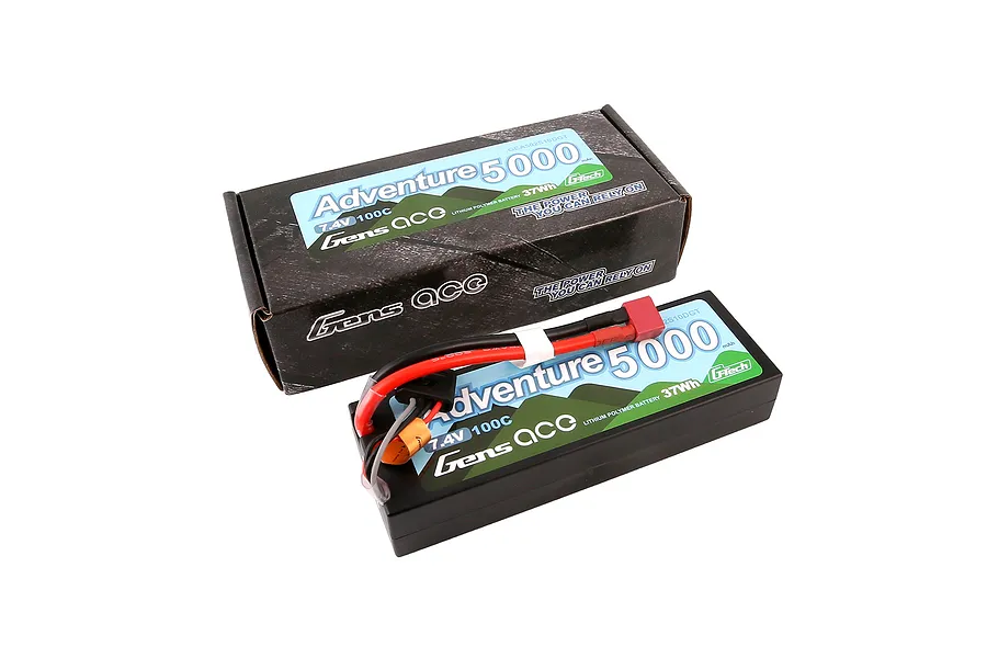 Gens Ace G-Tech Adventure 7.4V 5000mAh 100C hard case LiPo battery with its cardboard packaging box on a white background.