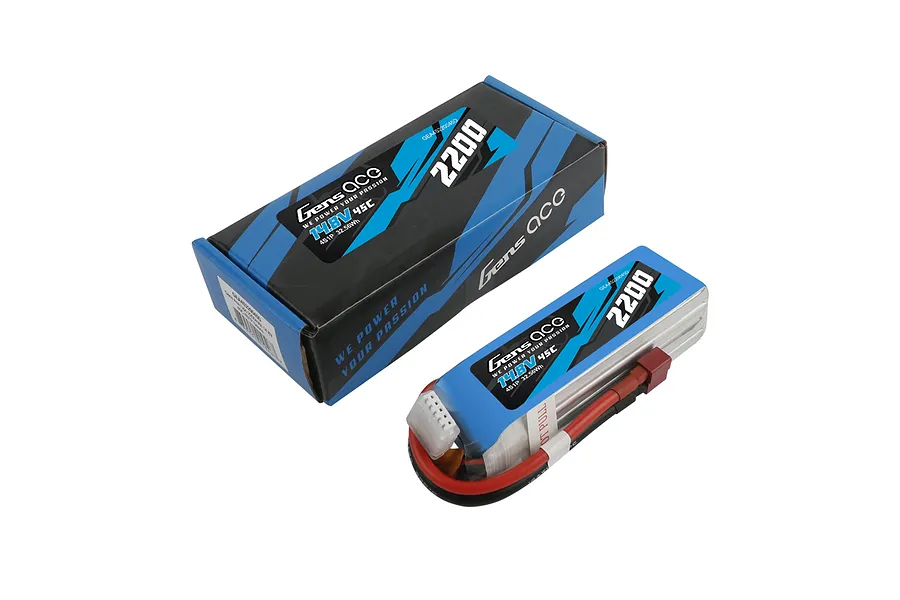 Gens Ace 14.8V 2200mAh 45C LiPo battery in a soft case shown next to its branded cardboard packaging box.