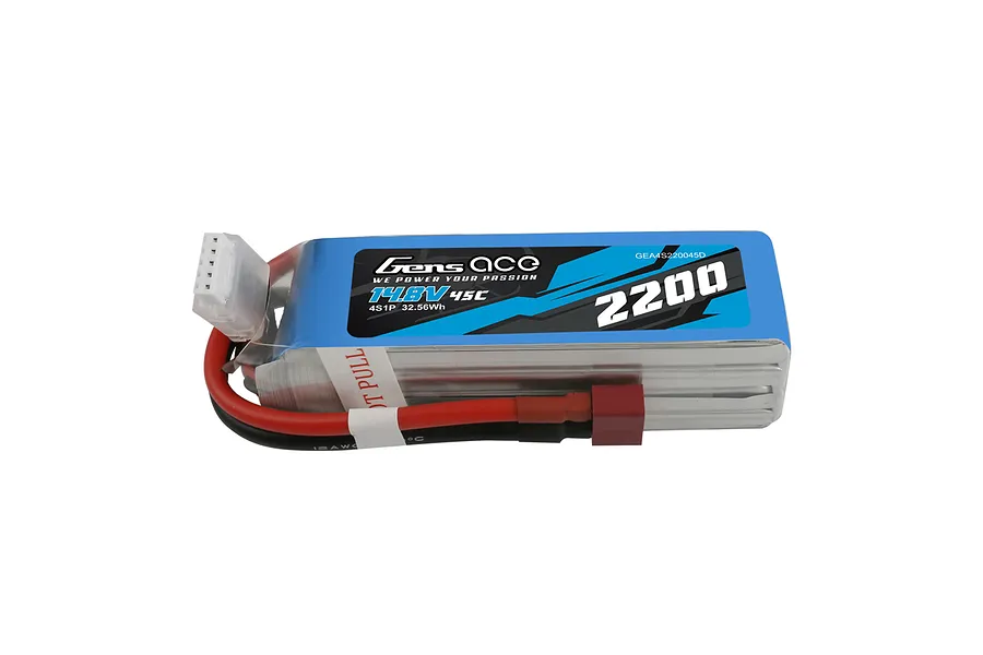 Gens Ace 14.8V 2200mAh 45C soft case LiPo battery with Deans connector and balance plug.