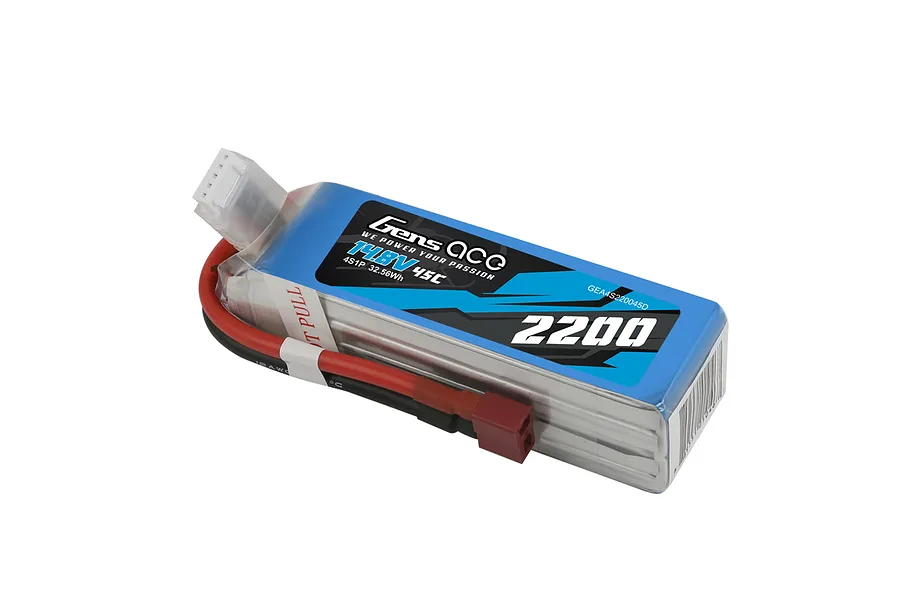 Gens Ace 14.8V 2200mAh 4S LiPo battery with a soft blue casing, T-style connector, and balance plug against a white background.