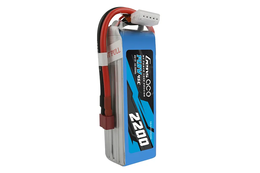 Gens Ace 14.8V 2200mAh 4S LiPo battery with a blue soft case, red and black power wires, and a white balance connector.