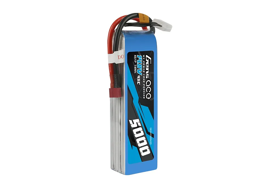 Gens Ace 14.8V 5000mAh 4S LiPo battery with soft case, featuring red and black power wires and a white balance connector.