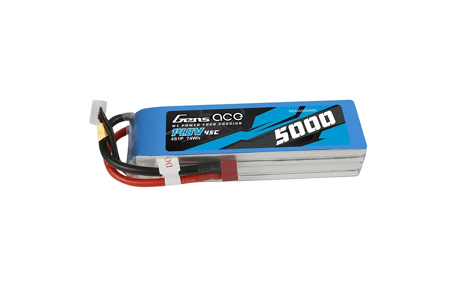 Gens Ace 14.8V 5000mAh 4S1P LiPo battery with soft case, showing blue label, black and red power wires, and white balance connector.