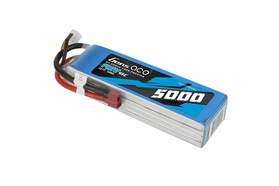 Gens Ace 14.8V 5000mAh 4S LiPo battery with a blue soft case and Deans-style connector.