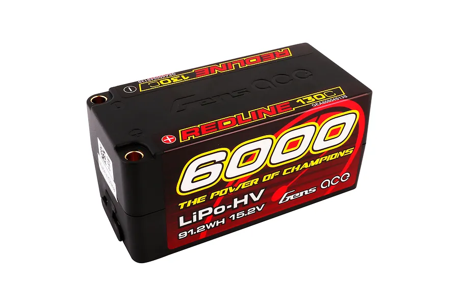 Gens Ace Redline 6000mAh 15.2V HV LiPo battery in a black hard case with red and yellow branding.