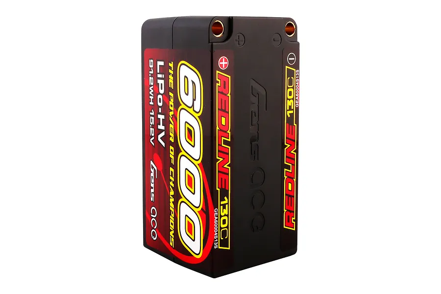 Gens Ace Redline 15.2V 6000mAh 130C LiPo battery in a black hard case with red and yellow branding.
