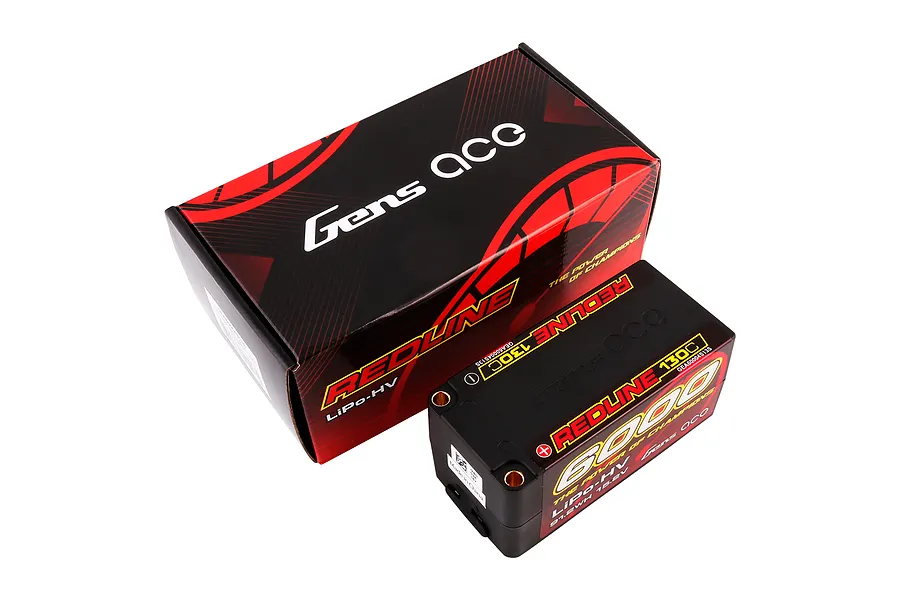 Gens Ace Redline 15.2V 6000mAh 130C HV LiPo battery in a black hard case, shown next to its matching branded cardboard retail box.