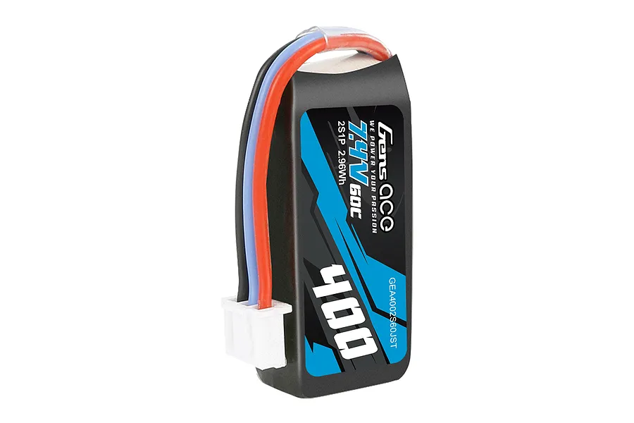 Gens Ace 7.4V 400mAh 60C soft case LiPo battery with JST connector against a white background.
