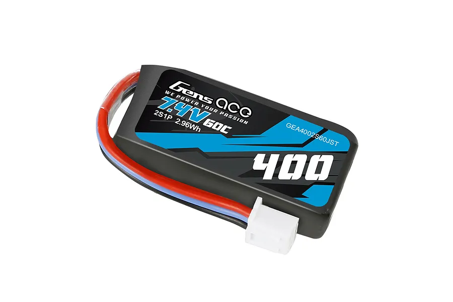Gens Ace 7.4V 400mAh 60C LiPo battery with a soft black case and JST connector, viewed from an angle against a white background.