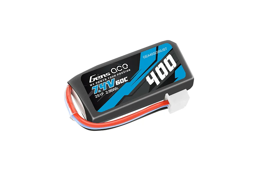 Gens Ace 7.4V 400mAh 60C LiPo battery with a soft black case, blue branding, and a white JST connector.