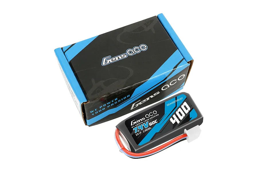 Gens Ace 7.4V 400mAh 60C LiPo battery in a soft case with its branded cardboard packaging box.