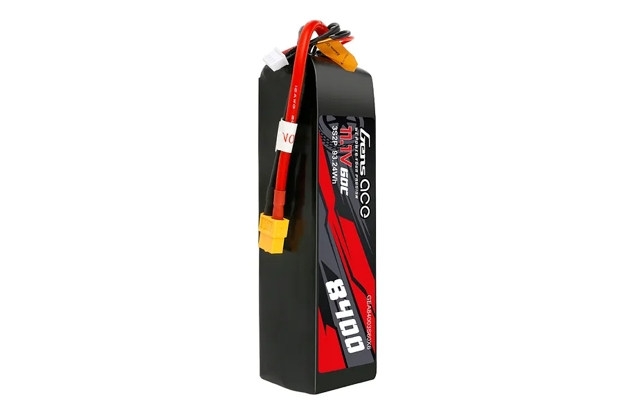 Gens Ace 11.1V 8400mAh 60C soft case LiPo battery with XT60 connector and balance lead against a white background.