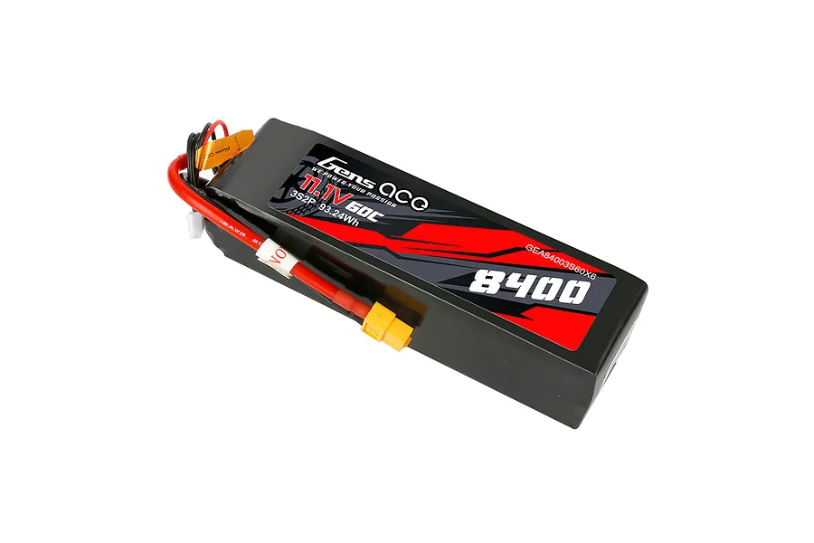 Gens Ace 11.1V 8400mAh 60C soft case LiPo battery with XT60 connector and balance lead on a white background.