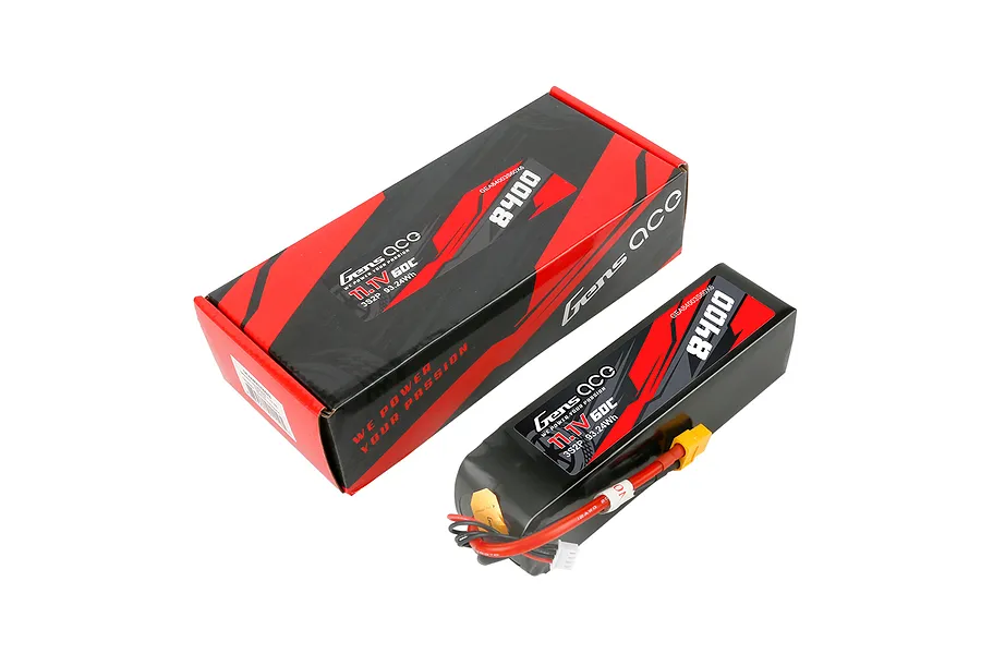 Gens Ace 11.1V 8400mAh 60C LiPo battery in a soft case next to its branded red and black cardboard packaging box.