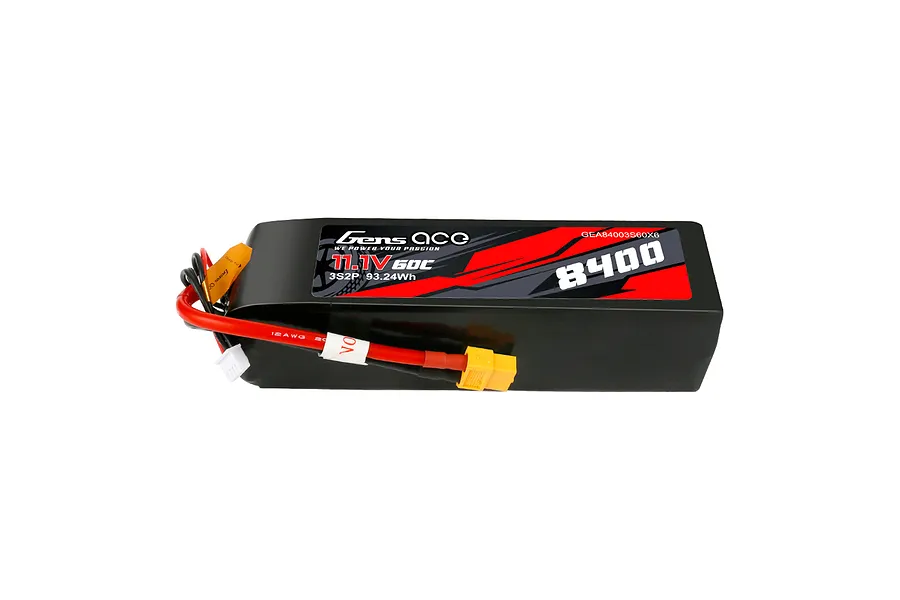 Gens Ace 11.1V 8400mAh 60C soft case LiPo battery with XT60 connector and balance plug against a white background.