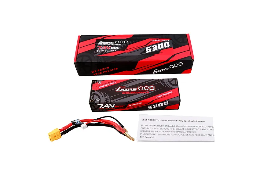 Gens Ace 7.4V 5300mAh LiPo battery in a hard case, shown with its retail box, charging leads, and an instruction manual on a white background.
