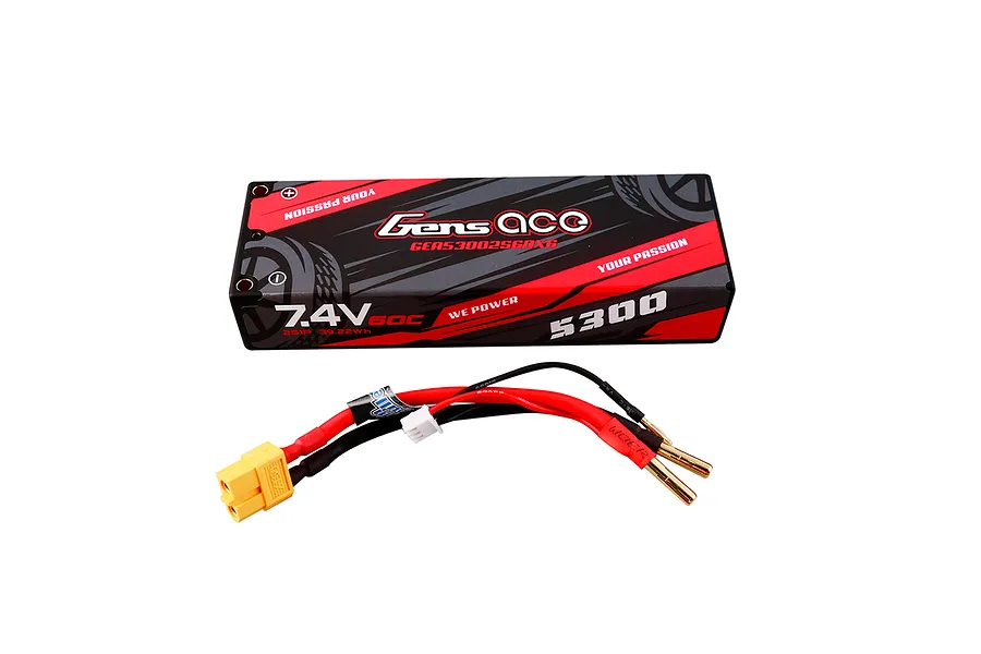 Gens Ace 7.4V 5300mAh 60C hard case LiPo battery with XT60 connector and balance lead.