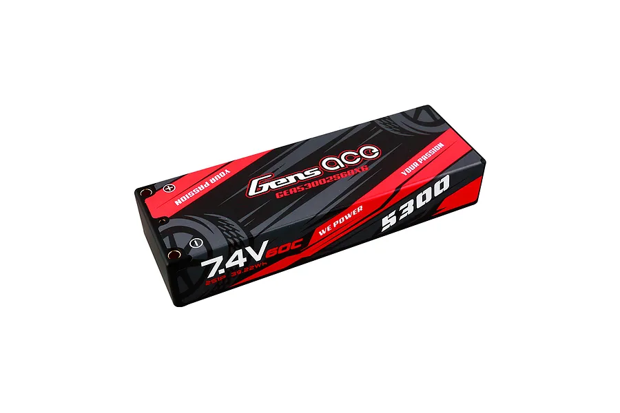 Gens Ace 7.4V 5300mAh 60C hard case LiPo battery pack with black and red branding.