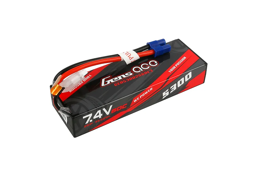 Gens Ace 7.4V 5300mAh 60C hard case LiPo battery with red and black wiring and blue connectors, isolated on a white background.