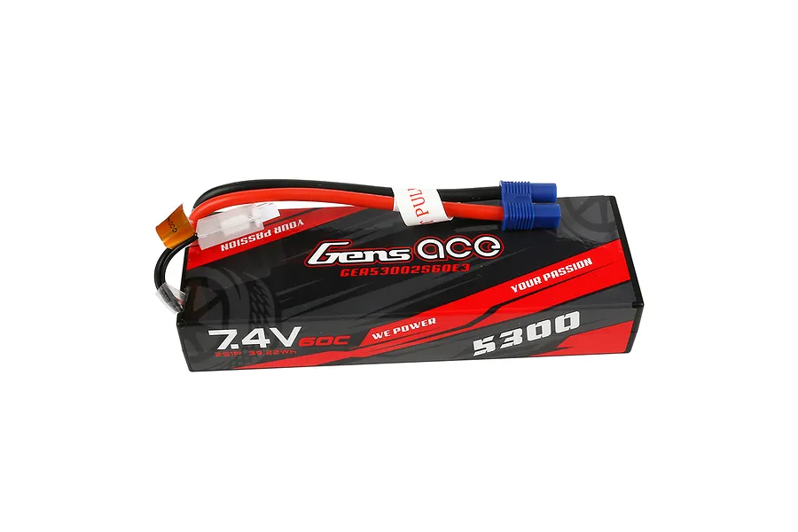 A Gens Ace 7.4V 5300mAh 60C hard case LiPo battery with red and black wires and a blue connector, isolated on a white background.
