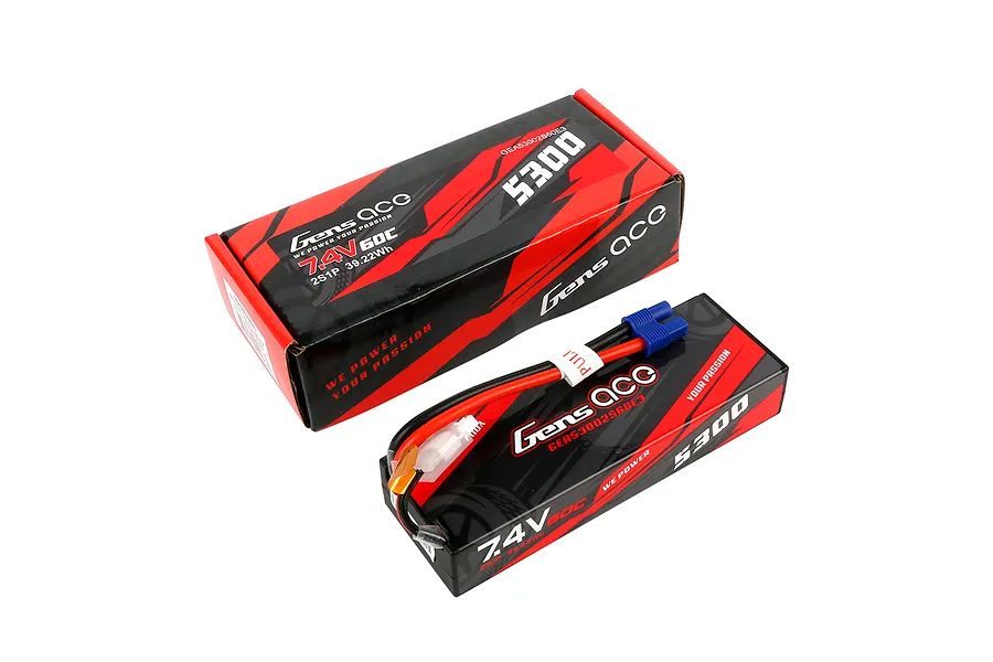 Gens Ace 7.4V 5300mAh 60C hard case LiPo battery with its red and black branded cardboard packaging box.