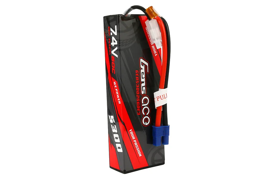 Gens Ace 7.4V 5300mAh 60C hard case LiPo battery with red and black wires and a blue connector.