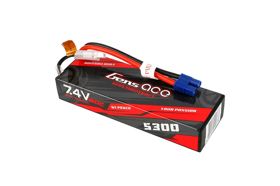 Gens Ace 7.4V 5300mAh 60C hard case LiPo battery with Deans-style connector and balance plug on a white background.
