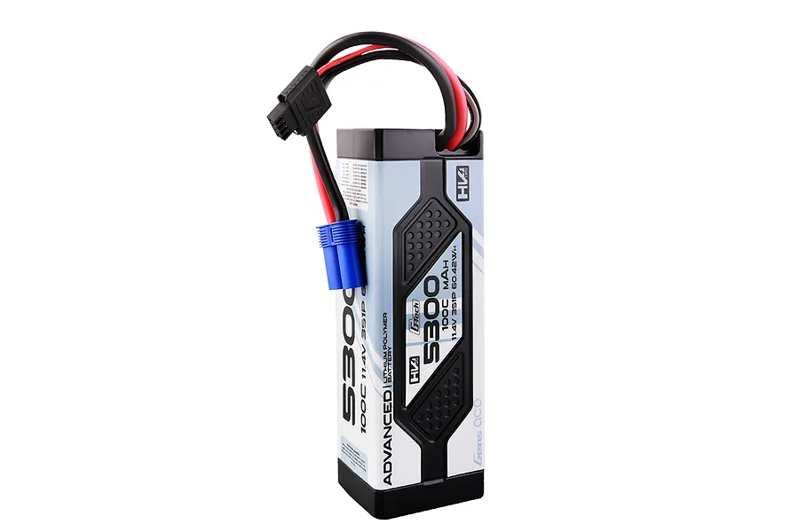 Gens Ace G-Tech Advanced 11.4V 5300mAh 100C HV hard case LiPo battery with blue EC5 connector and balance plug.