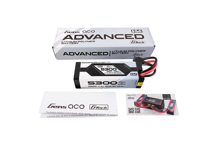 Gens Ace G-Tech Advanced 11.4V 5300mAh 100C HV LiPo battery with its retail box, manual, and informational card on a white background.