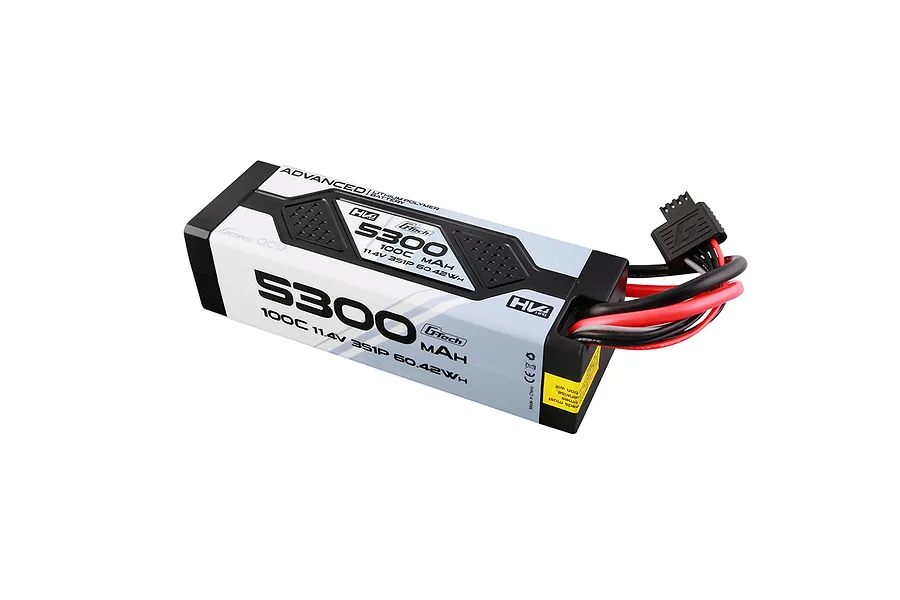 Gens Ace G-Tech 11.4V 5300mAh 100C LiPo battery in a black hard case with red and black power wires and a balance connector.