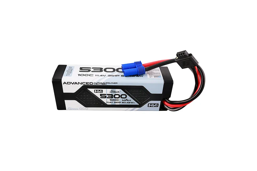 Gens Ace G-Tech Advanced 11.4V 5300mAh 100C LiPo battery in a hard case with blue connectors and black balance plug.