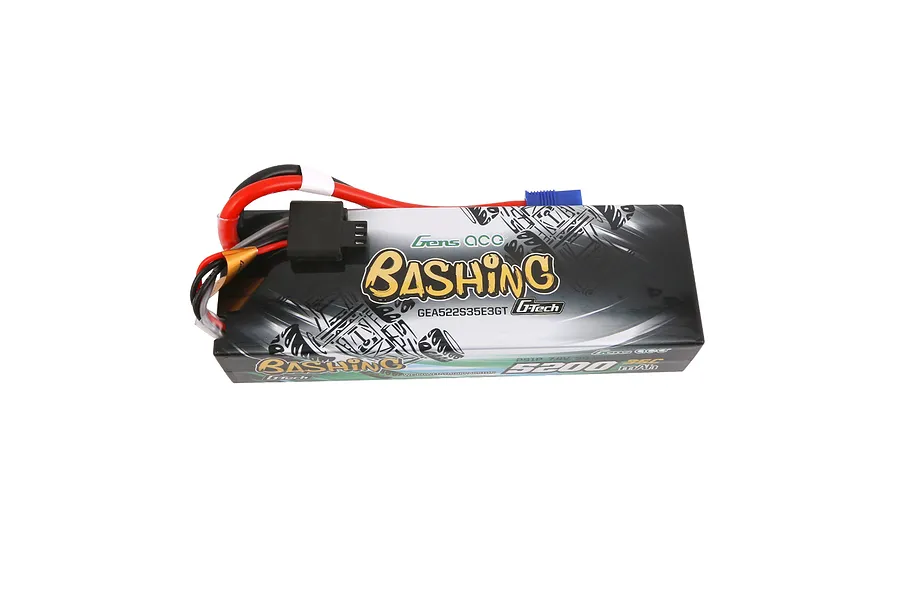 Gens Ace G-Tech Bashing 7.4V 5200mAh 35C hard case LiPo battery with red and black wires and a blue connector.