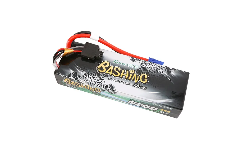 Gens Ace G-Tech Bashing 7.4V 5200mAh 35C hard case LiPo battery with wires and connectors on a white background.