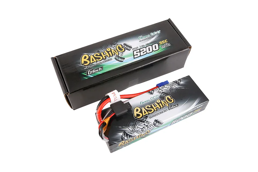 Gens Ace G-Tech Bashing 7.4V 5200mAh 35C LiPo battery in a hard case, shown with its black retail packaging box.