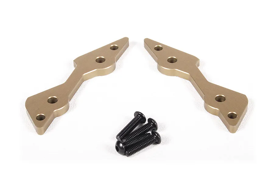 Two gold-anodized aluminium shock mount plates and four black machine screws on a white background.