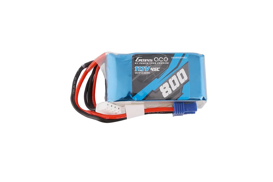 Gens Ace 11.1V 800mAh 45C LiPo battery with blue soft casing, showing wires and connectors against a white background.